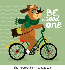 Hipster poster with nerd dog riding bike vector illustration