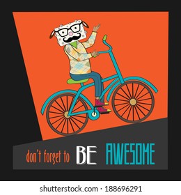 Hipster poster with nerd sheep riding bike, vector illustration