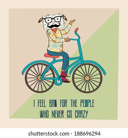 Hipster poster with nerd sheep riding bike, vector illustration