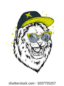 Hipster. Poster . Print . Greeting card with animals. Lion in cap and glasses.