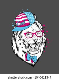 Hipster. Poster . Print . Greeting card with animals. Lion in cap and glasses.