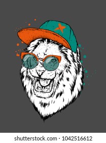 Hipster. Poster . Print . Greeting card with animals. Lion in cap and glasses.