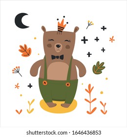 Hipster Prince Bear with a crown in the flat style. Children/babies textile, card, wrapping, background. Flat style. Cartoons for kids.