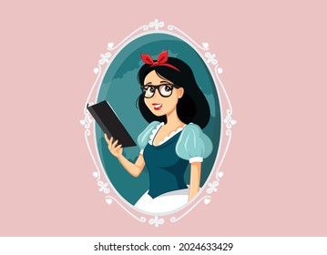 Hipster Princess Reading a Book Vector Illustration. Beautiful aristocratic teen girl wearing glasses reading novel
