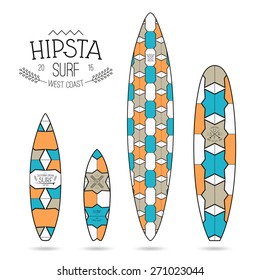 Hipster print for various forms of surfboard: shortboard, longboard; fish and gun.