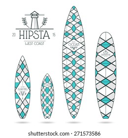 Hipster print for various forms of surfboard: shortboard, longboard; fish and gun.