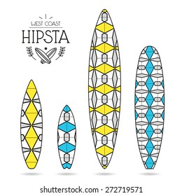 Hipster print for various forms of surfboard: shortboard, longboard, fish and gun