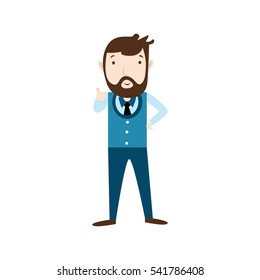 Hipster Professional Business Man Flat Character. Isolated in white background. Wearing a blue vest.