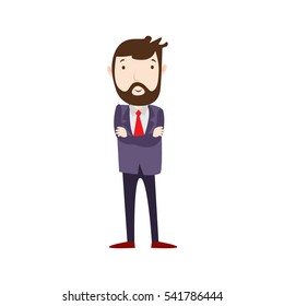 Hipster Professional Business Man Flat Character. Isolated in white background. Standing closing hand on chest wearing red tie.