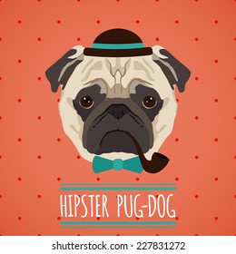 Hipster pug dog with hat smoking pipe and bow tie portrait with ribbon poster vector illustration