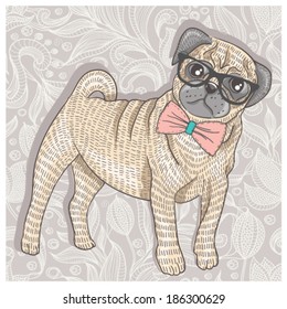 Hipster pug with glasses and bowtie. Cute puppy illustration for children and kids. Dog background.
