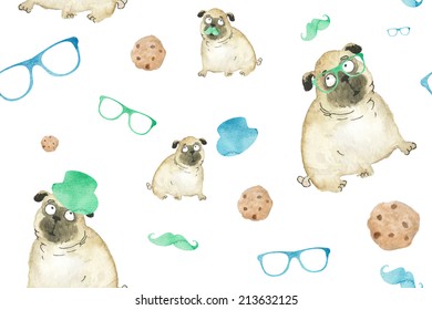 Hipster pug seamless pattern