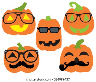 Hipster Pumpkins Halloween Pumpkin Characters wearing glasses and mustache
