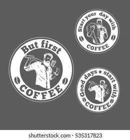 Hipster quote. A bearded man with a mug of coffee. This illustration can be used as a print on t-shirts and bags, stationary or in the form of a poster. Vector illustration on isolated background.