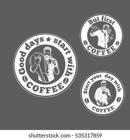 Hipster quote. A bearded man with a mug of coffee. This illustration can be used as a print on t-shirts and bags, stationary or in the form of a poster. Vector illustration on isolated background.