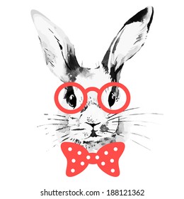 Hipster rabbit. Hand drawn watercolor sketch portrait 