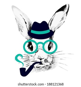 Hipster Rabbit. Hand Drawn Watercolor Sketch Portrait 