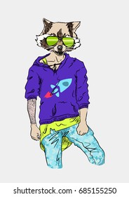 Hipster raccoon with glasses in man's wear. Vector illustration for a postcard or a poster, print for clothes. Wild animal in clothes.