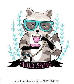 Hipster raccoon vector illustration. Raccoon with coffee and glasses. Hipster animals.