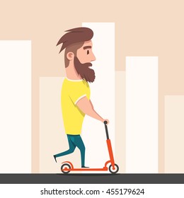 Hipster racing a scooter. A young modern man loves adventure. Fanny person on illustration. Cartoon style.