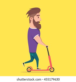 Hipster racing a scooter. A young modern man loves adventure. Fanny person on illustration. Cartoon style.