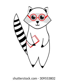  hipster Racoon in glasses with book going to study. Vector illustration in black, white and red colors