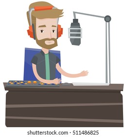 Hipster radio dj working on mixing console and speaking into a microphone on radio. News presenter in headset working on a radio station. Vector flat design illustration isolated on white background.