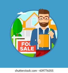 Hipster real estate agent with the beard signing contract. Real estate agent standing in front of the house with placard for sale. Vector flat design illustration in the circle isolated on background.