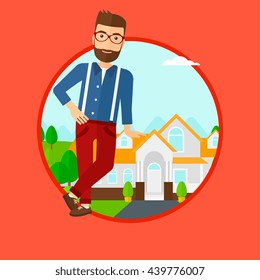 Hipster real estate agent standing near the house. Real estate agent leaning on the house. Real estate agent offering house. Vector flat design illustration in the circle isolated on background.