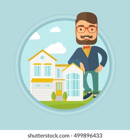 Hipster real estate agent standing near the house. Real estate agent leaning on the house. Real estate agent offering house. Vector flat design illustration in the circle isolated on background.