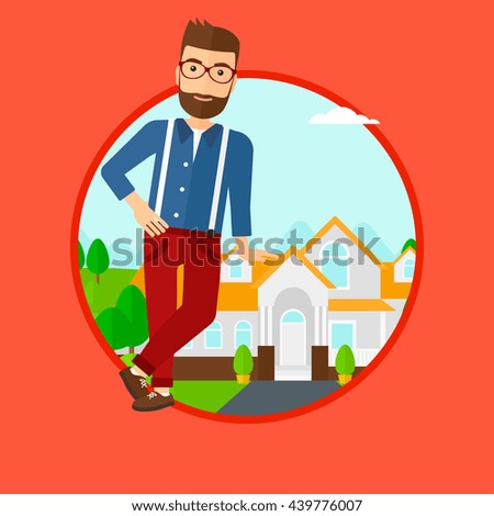 Hipster real estate agent standing near the house. Real estate agent leaning on the house. Real estate agent offering house. Vector flat design illustration in the circle isolated on background.