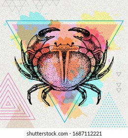 Hipster realistic crab illustration on artistic polygon watercolor background