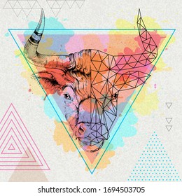 Hipster realistic  and polygonal animal bull on artistic watercolor background