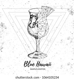 Hipster realistic and polygonal cocktail blue lagoon on grunge background