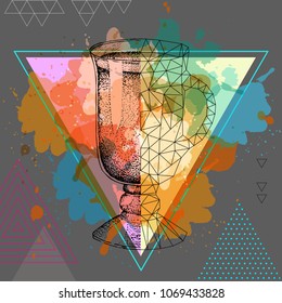 Hipster realistic and polygonal cocktail irish coffee on artistic watercolor background