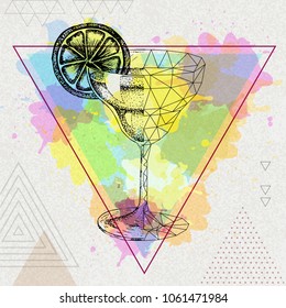 Hipster realistic and polygonal cocktail margarita on artistic watercolor backgrond