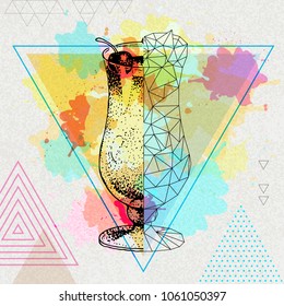 Hipster realistic and polygonal cocktail pina colada on artistic watercolor background