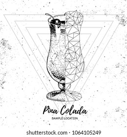 Hipster realistic and polygonal cocktail pina colada on grunge background