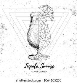 Hipster realistic and polygonal cocktail tequila sunrise on grunge background