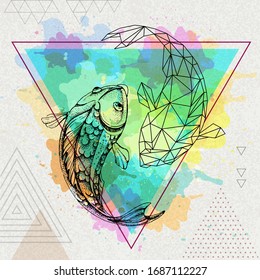 Hipster realistic and polygonal koi fish illustration on artisticwatercolor background. Pisces zodiac sign