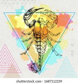 Hipster realistic and polygonal scorpion illustration on artistic watercolor background. Scorpio zodiac sign