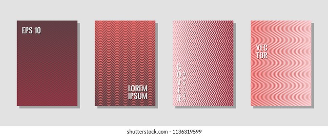 Hipster red zig zag banner templates, wavy lines gradient stripes backgrounds for scientific cover. Curve shapes stripes, zig zag edge lines halftone texture gradient brochure covers set.
