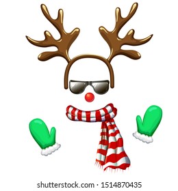 hipster reindeer face mask in sunglasses with antlers headband red nose striped scarf and mittens. Christmas costume clipart isolated on white. cool and funny xmas character vector illustration. props