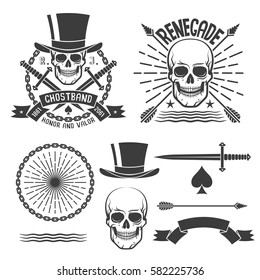 Hipster renegade logos with skulls and elements to them. Arrows, sunburst, ribbon, chain, dagger. Vector illustration.