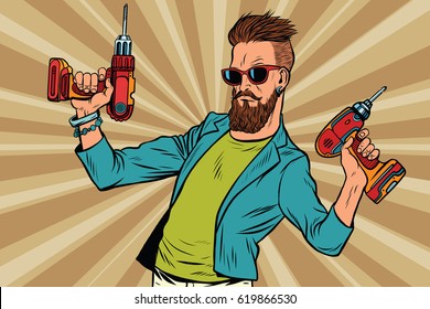 hipster repairman with a drill. Pop art retro vector illustration. Home repairs. Mens work