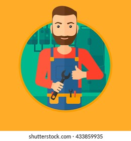 A hipster repairman with a spanner in hand. A repairman giving thumb up. A repairman at domestic household boiler room. Vector flat design illustration in the circle isolated on background.