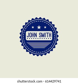 Hipster retro blue round logo with wavy edge, name, stars and lines. Vintage sign of quality. Vector illustration - Shutterstock ID 614429741