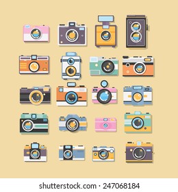 Cámara retro Hipster o conjunto de iconos de fotos. ilustración plana.