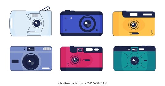 Hipster-Retro-Kamera mit Kunststoff-Objektiv, alte Reisefotografie-Ausrüstung für Fotoaufnahme. Helles bunter Gadget, altmodisches Gerät mit Blitz und Knöpfen, einzelne Vektorgrafik