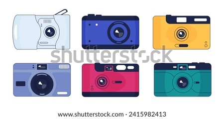 Hipster retro camera with plastic lens, old travel photography equipment for photo shoot. Bright colorful gadget, old-fashioned device with flash and buttons isolated set vector illustration